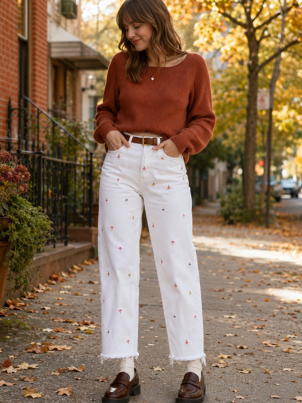 Tinseltown Mushroom Embroidered White Jeans Raw Hem Cottagecore Size 11